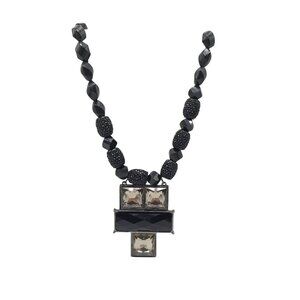 Erica Lyons Black Beaded Necklace Cross Pendant Smoky Prystal Accents